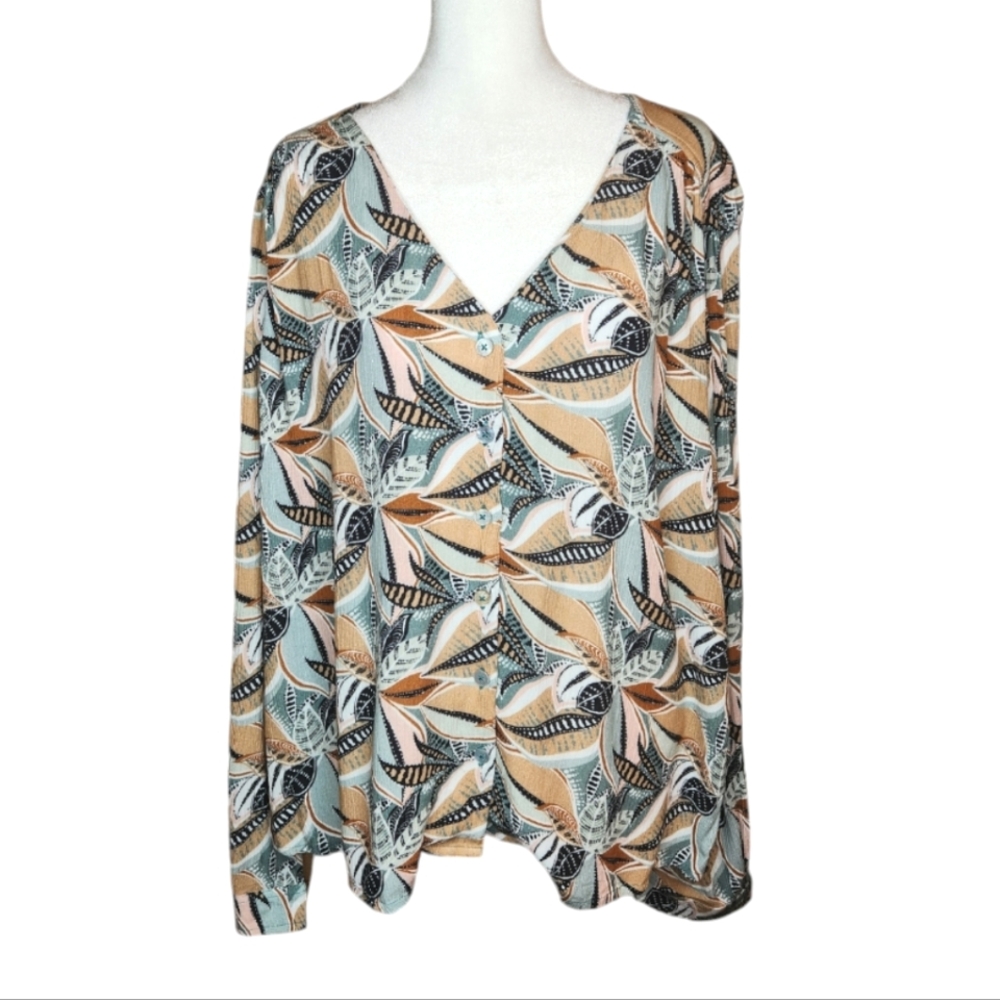 Garnet Hill V Neck Button Front Leaf Print Top Size Large